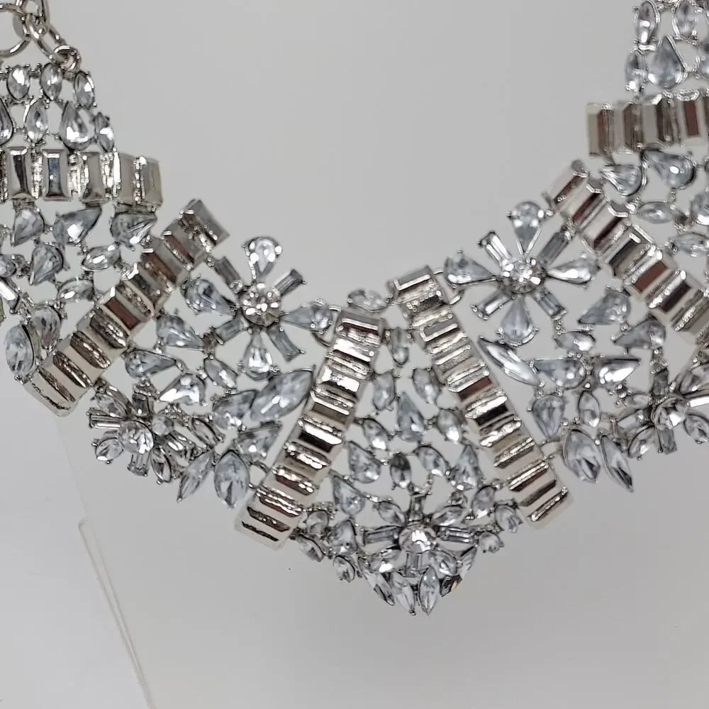 Rhinestone Statement Necklace Floral Large Heavy Bib Collar Silver Tone 3